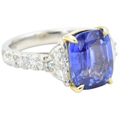Platinum 6.07 Carat GIA Blue Sapphire with 1.33 Carat Half-Moon 
0.75 Carat Rbc