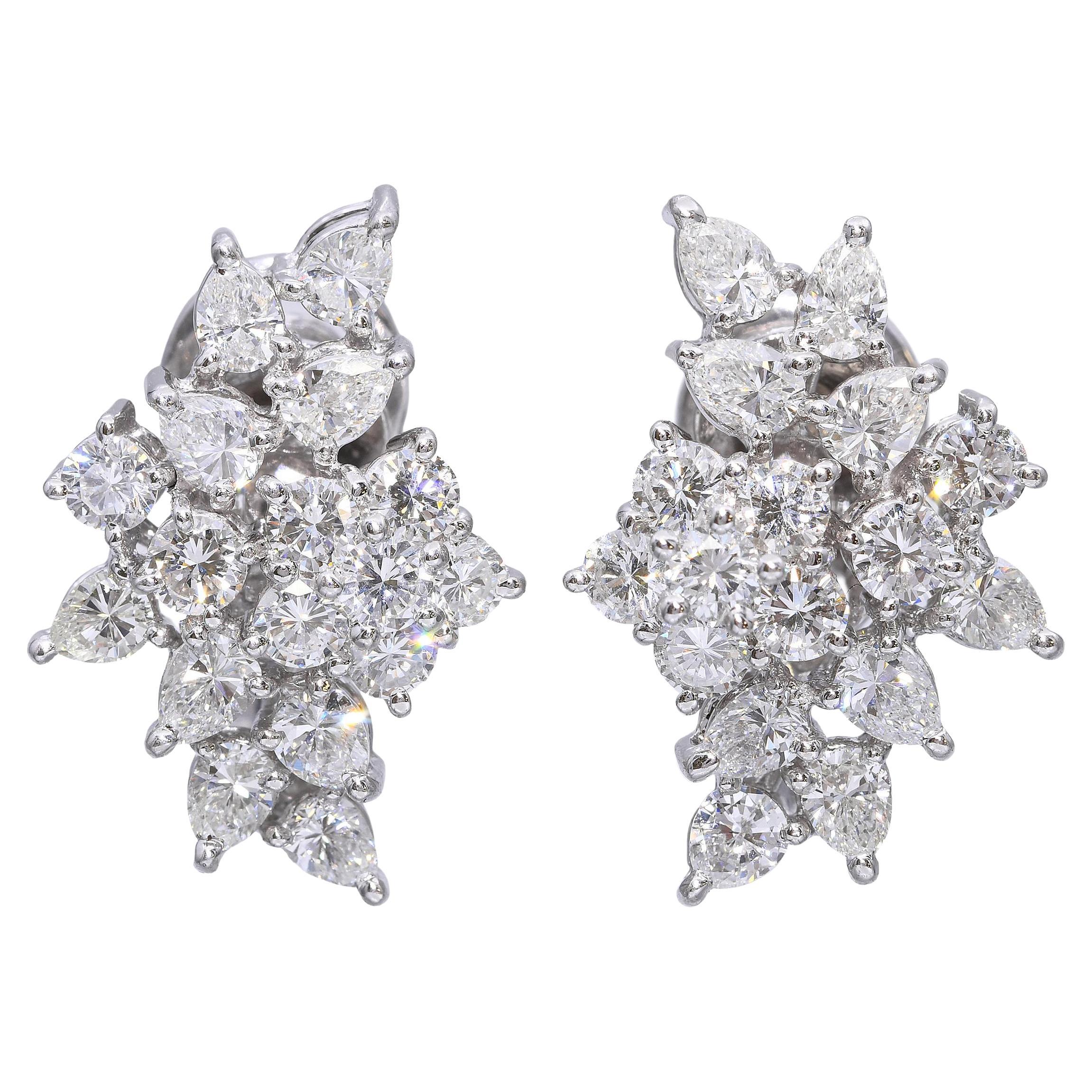 Platinum 6.14tcw Round and Pear Diamond Cluster Earrings