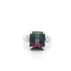 Platinum 6.15ct Dark Blue Pink Bi-Color Tourmaline Baguette Diamond Accents Ring