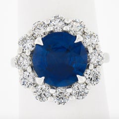 Platinum 6.42ctw GIA Round Sapphire & Diamond Halo Low Profile Statement Ring