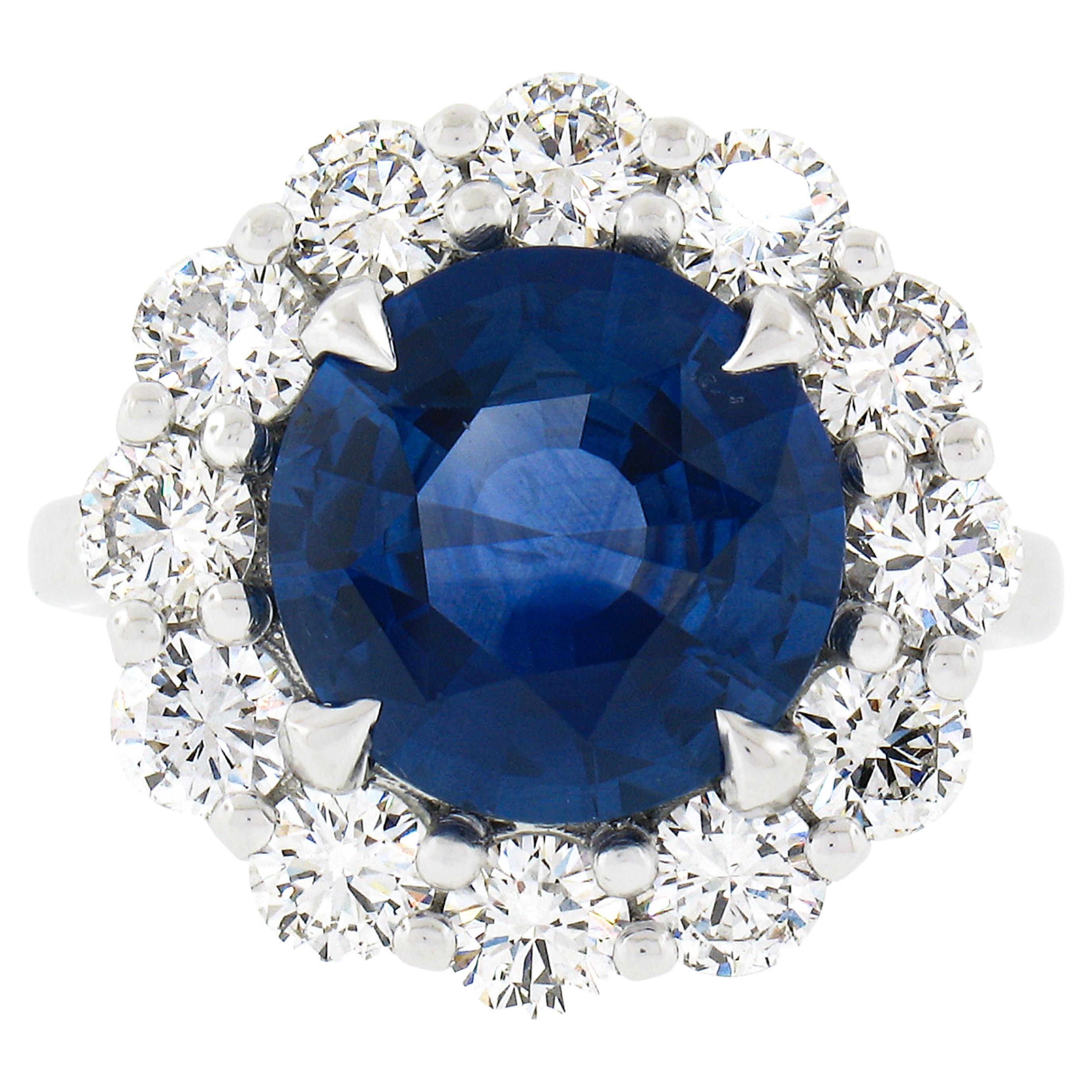 Platinum 6.42ctw GIA Round Sapphire & Diamond Halo Low Profile Statement Ring For Sale