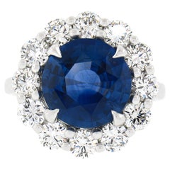 Platinum 6.42ctw GIA Round Sapphire & Diamond Halo Low Profile Statement Ring
