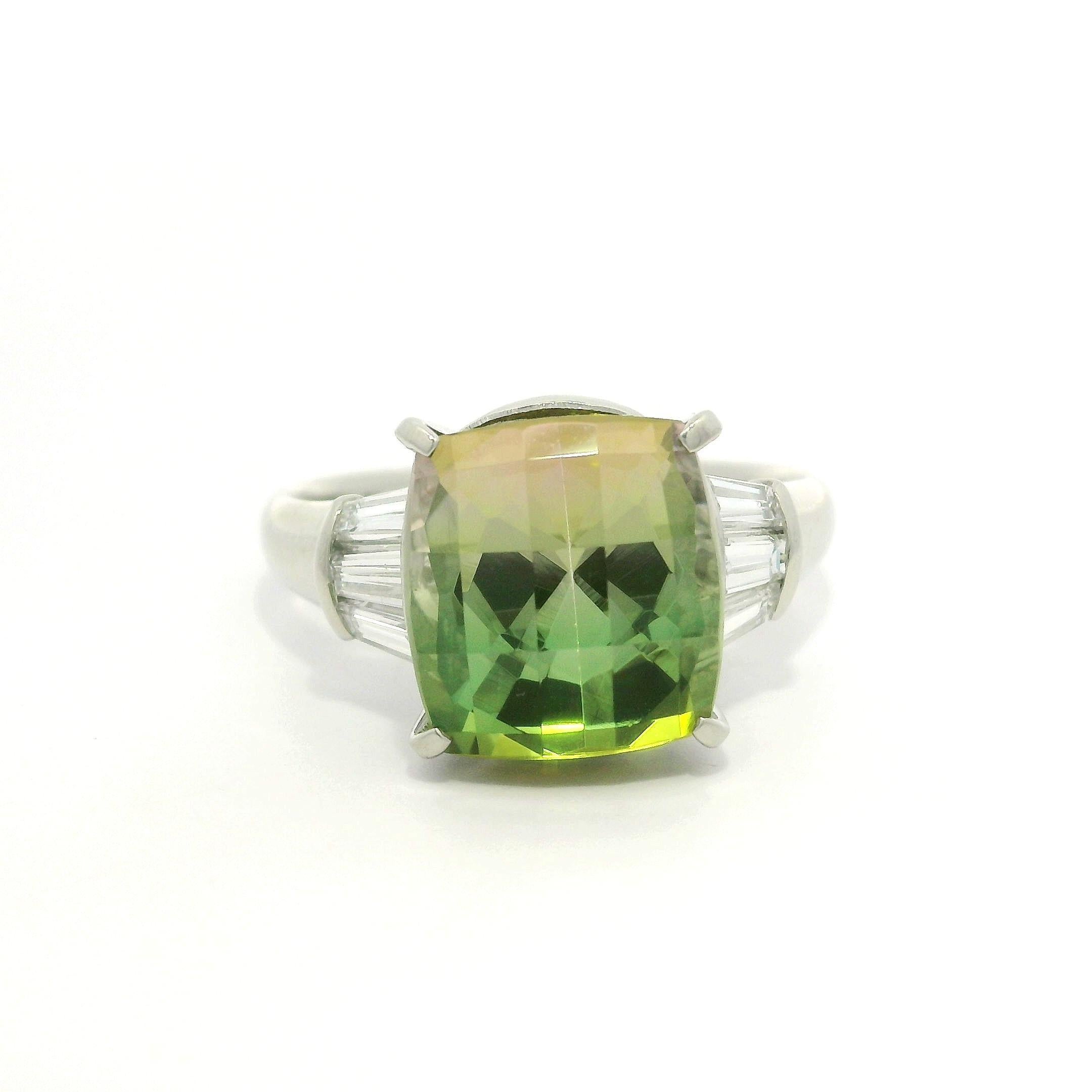 Platinum 6.48ctw Bi-Color Green Pink Tourmaline Baguette Diamond Sides Ring