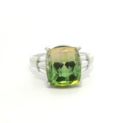 Platinum 6.48ctw Bi-Color Green Pink Tourmaline Baguette Diamond Sides Ring