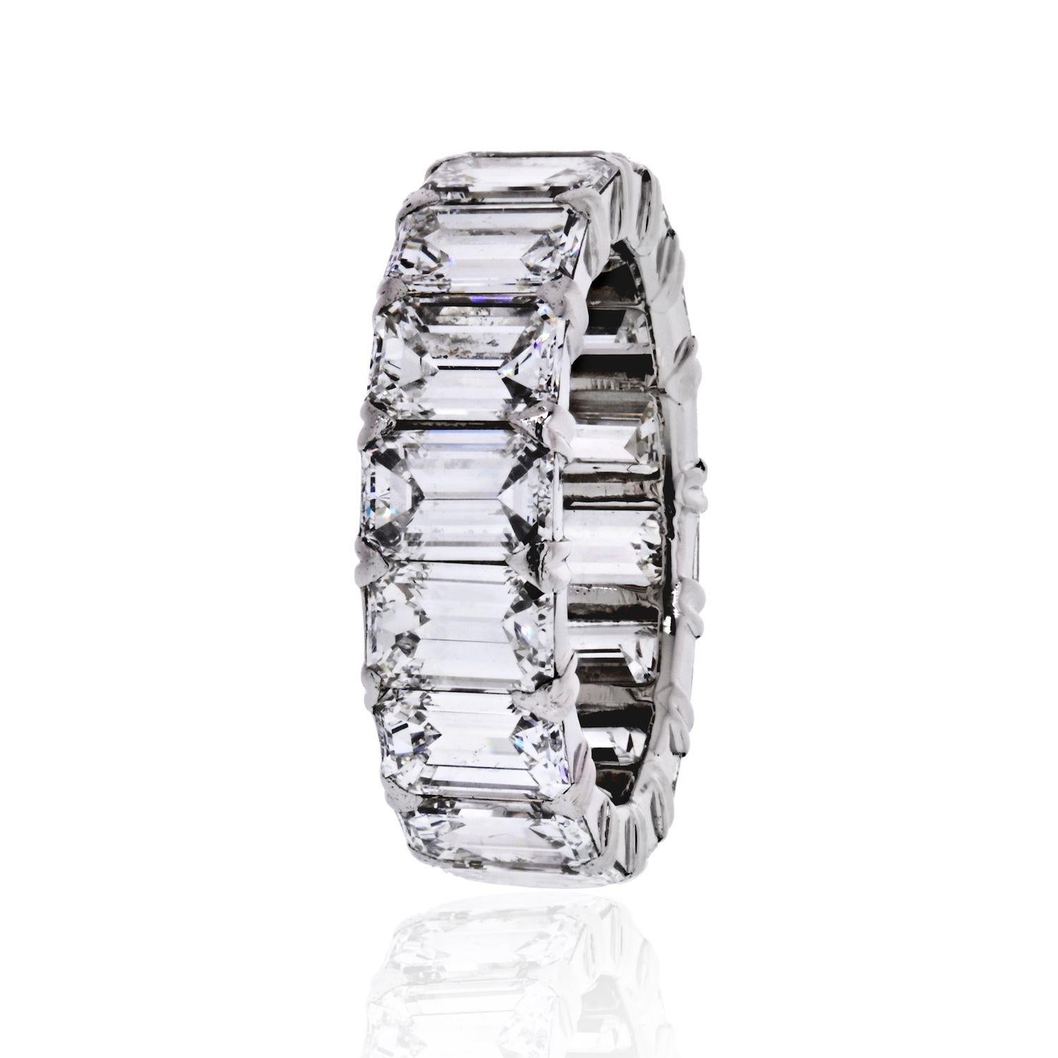 Handmade diamond eternity band crafted with emerald cut diamonds of 6.50cts. 
Low set, close to the finger. Will sit well next to all engagement rings. 
Width: 5.8mm
Finger size 4.5.