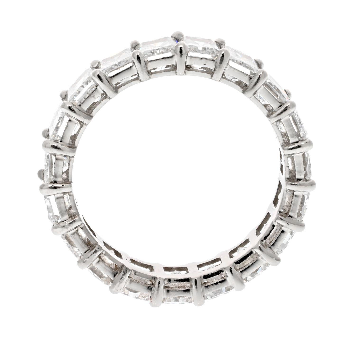 Platinum 6.50 Carats Radiant Cut Diamond Eternity Band.
This is a beautiful radiant diamond eternity band crafted in Platinum mounted with 19 diamonds of 6.50cttw. Radiant cut diamonds are set with shared claw prongs and are mounted rather low so
