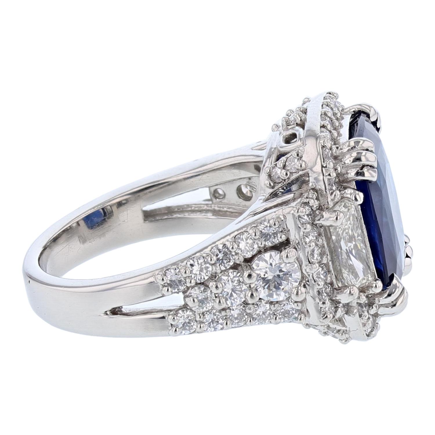 Cushion Cut Platinum 6.58 Carat Sri Lankan Cornflower Blue Ceylon Sapphire and Diamond Ring For Sale