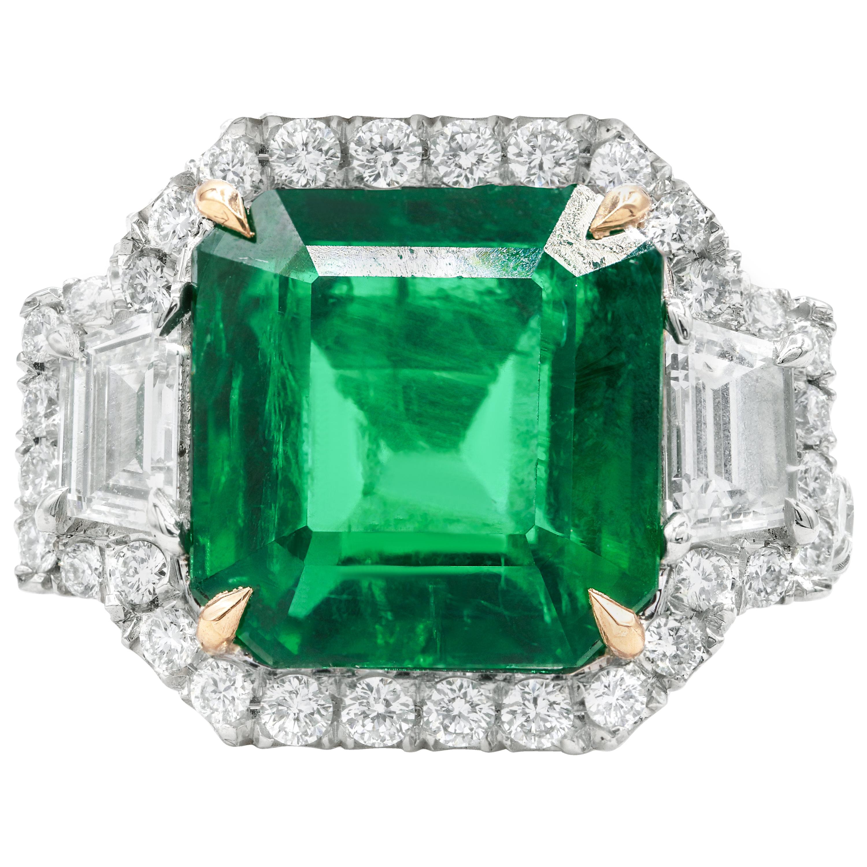 Platinum 6.67 Carat Green Emerald Diamond Ring For Sale