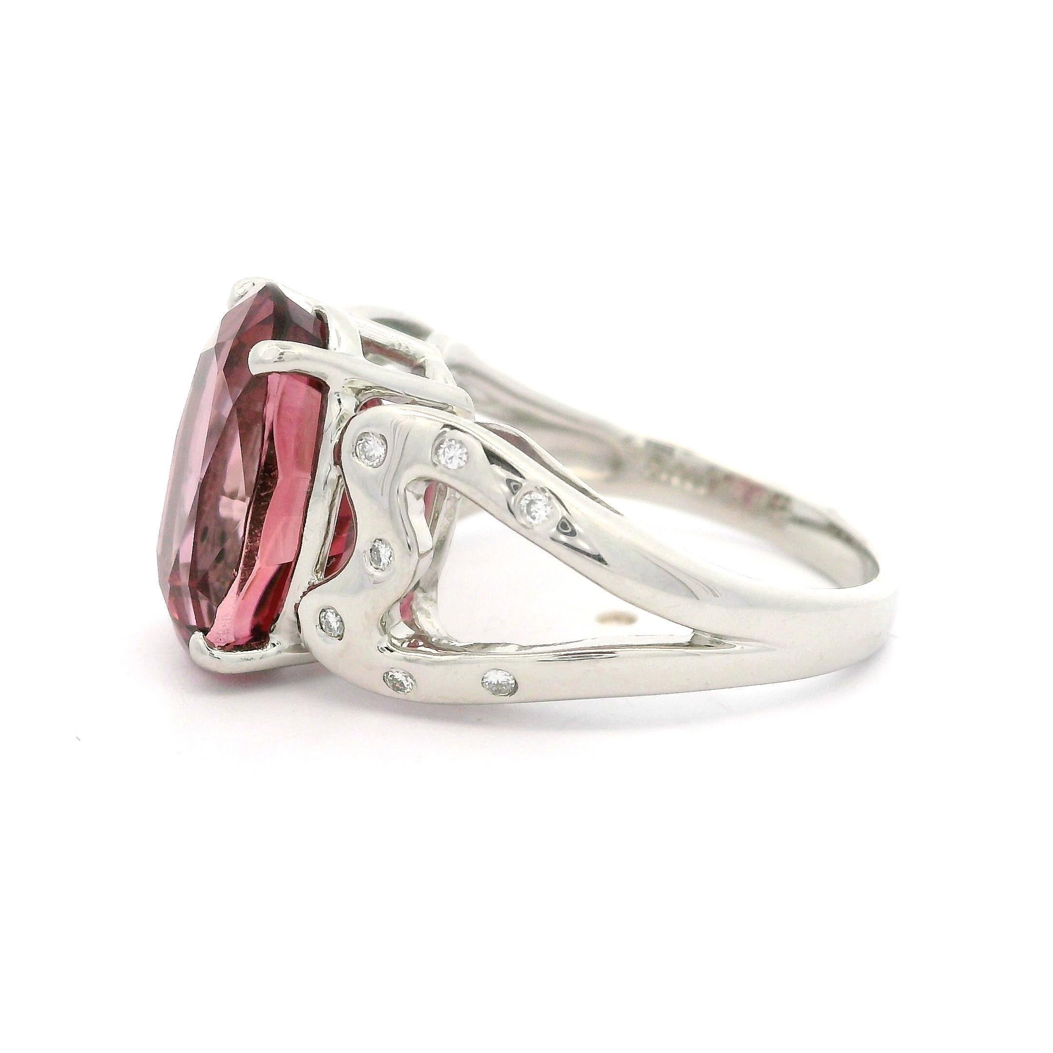 Platinum 6.70ctw Pink Tourmaline & Burnish Diamond Open Heart Sides Ring For Sale 5