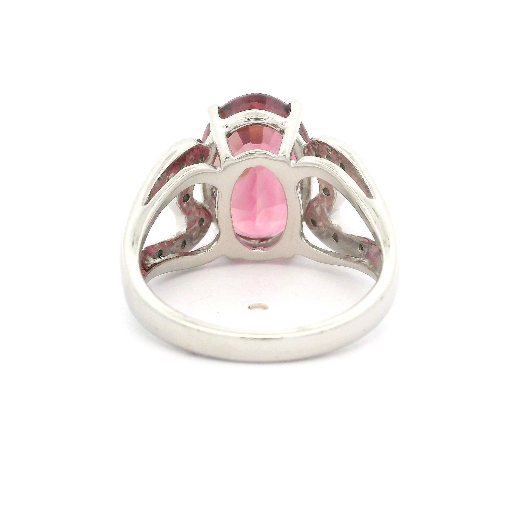 Platinum 6.70ctw Pink Tourmaline & Burnish Diamond Open Heart Sides Ring For Sale 6