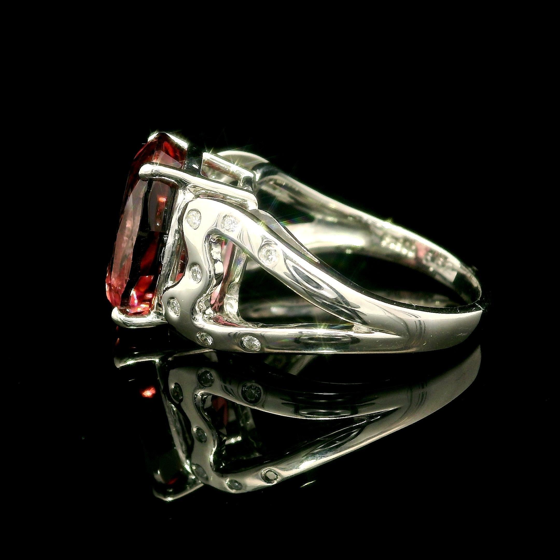 Brilliant Cut Platinum 6.70ctw Pink Tourmaline & Burnish Diamond Open Heart Sides Ring For Sale