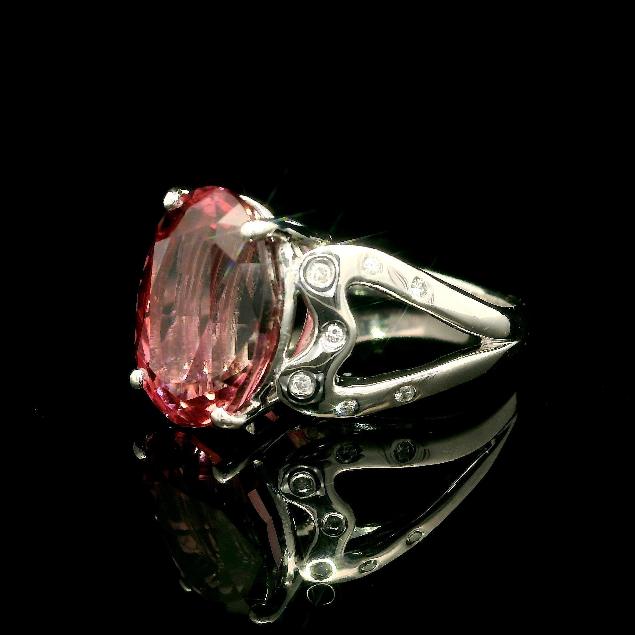 Platinum 6.70ctw Pink Tourmaline & Burnish Diamond Open Heart Sides Ring In Excellent Condition For Sale In Montclair, NJ