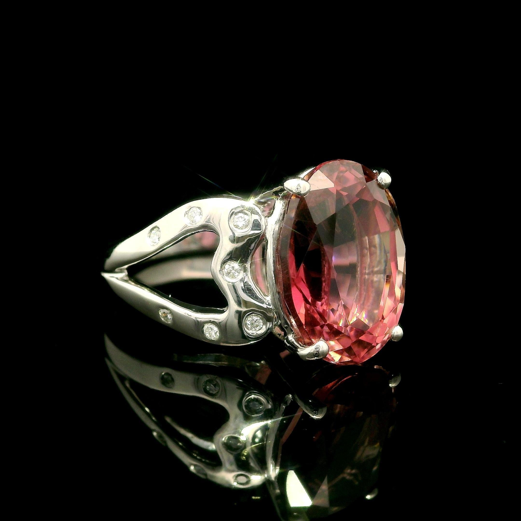 Platinum 6.70ctw Pink Tourmaline & Burnish Diamond Open Heart Sides Ring For Sale 2