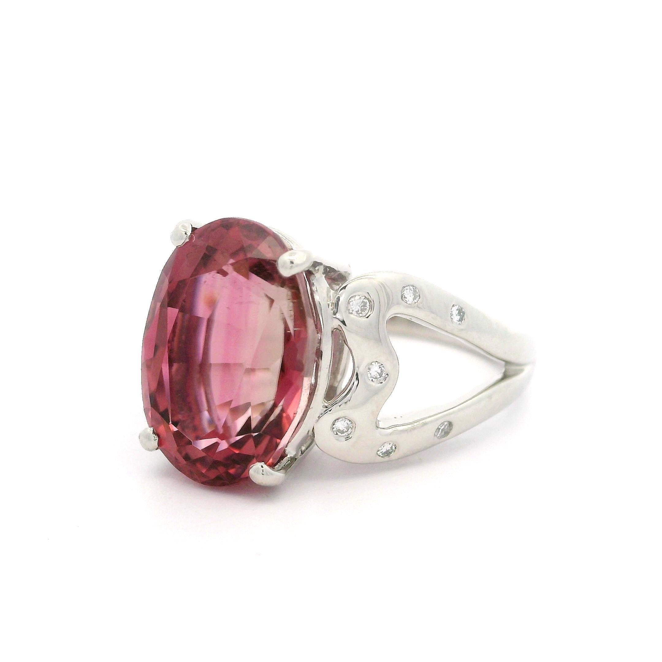 Platinum 6.70ctw Pink Tourmaline & Burnish Diamond Open Heart Sides Ring For Sale 4