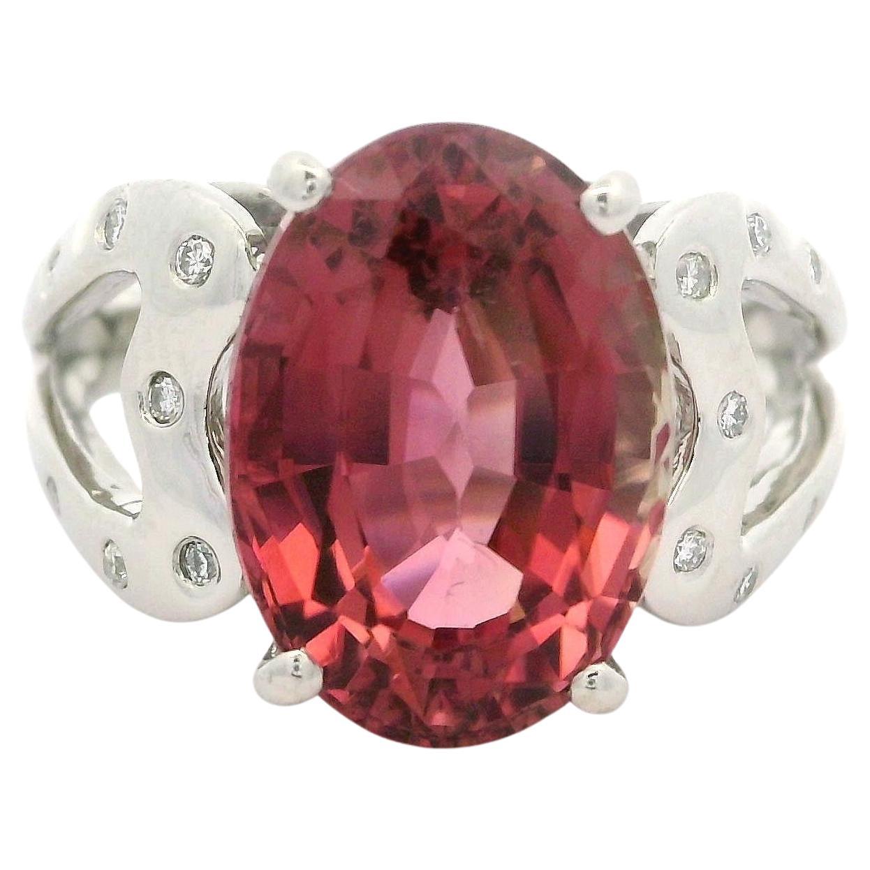 Platinum 6.70ctw Pink Tourmaline & Burnish Diamond Open Heart Sides Ring For Sale