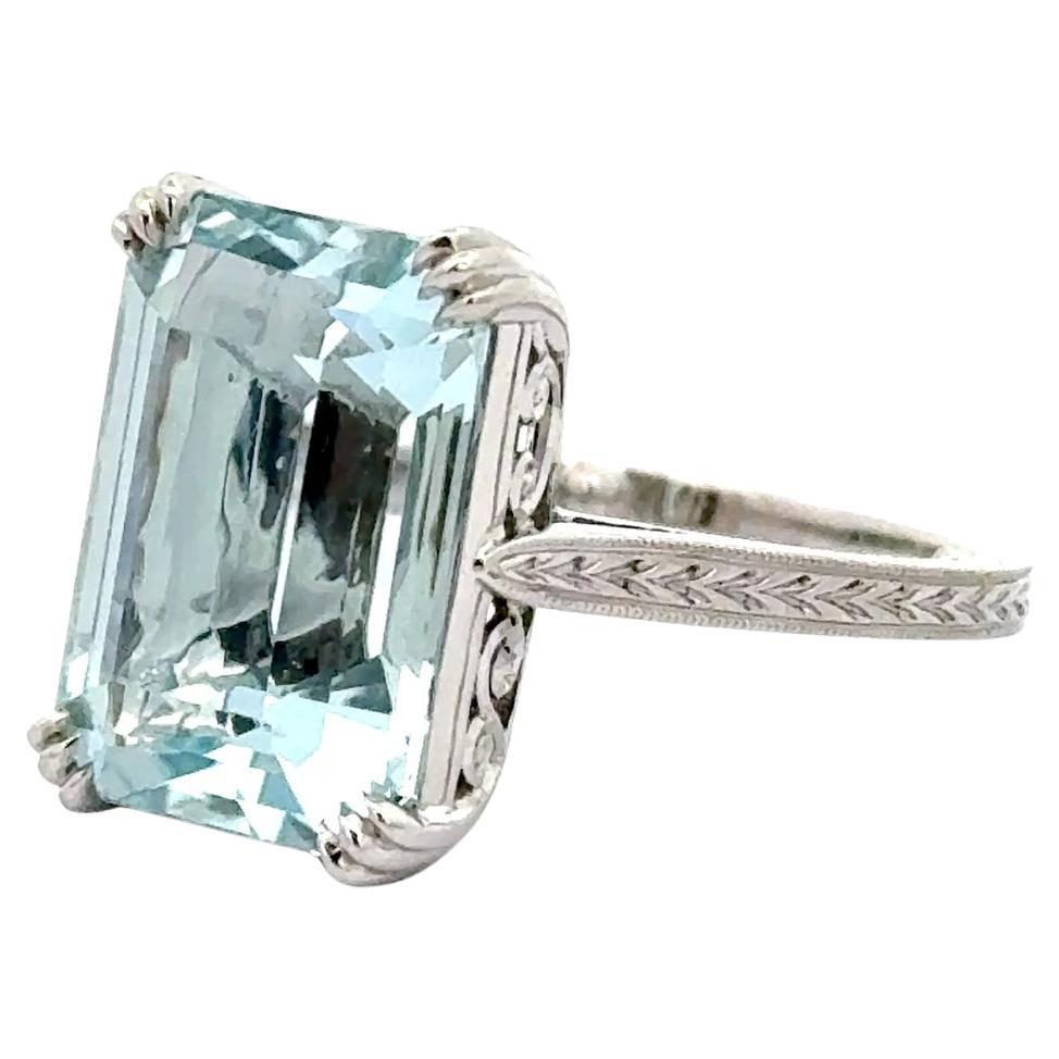 Platin 6,88ct Smaragd-Schliff Aquamarin Ring - Gravur Vintage Style