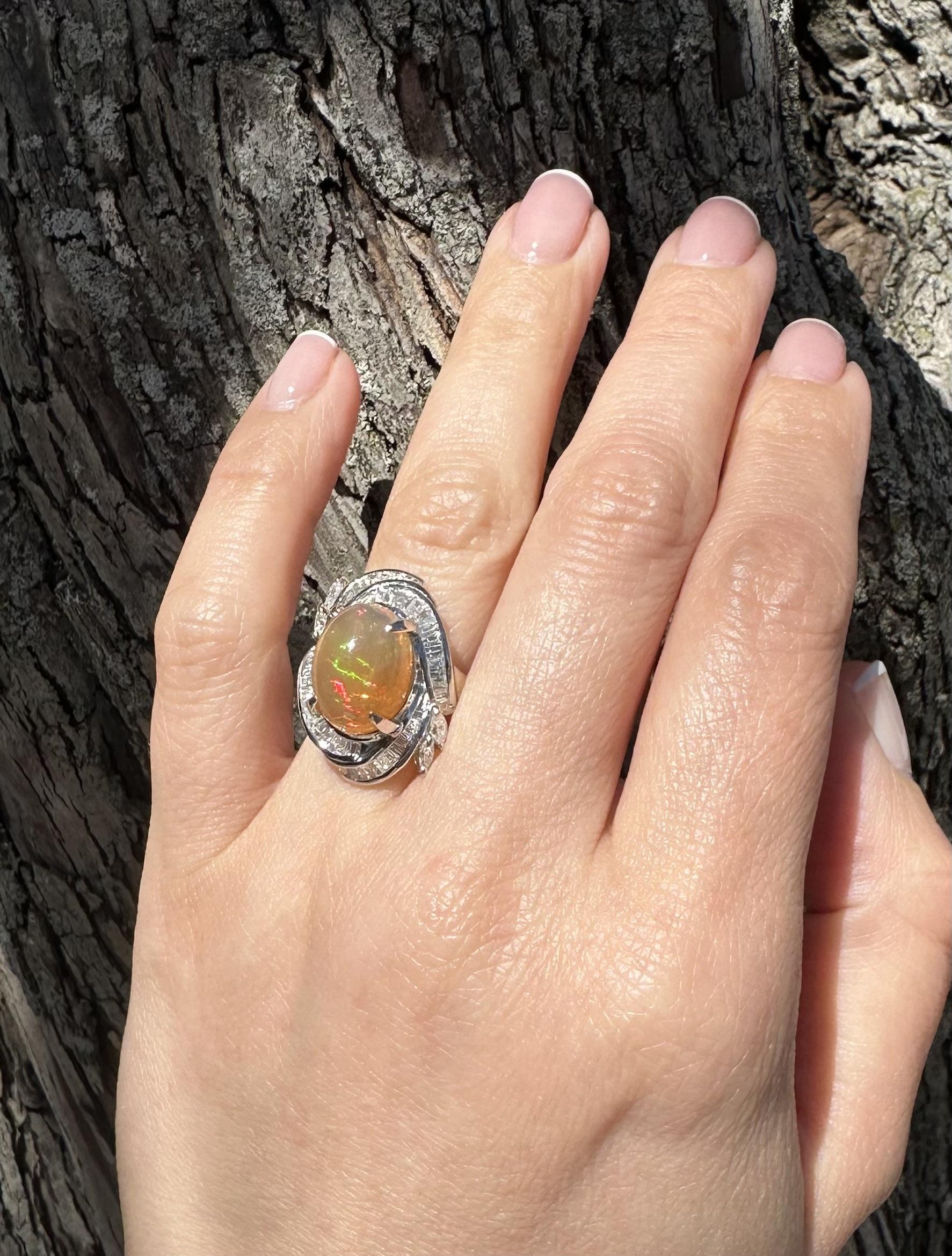 Platinum 6.97ctw Large Oval Cabochon Cut Jelly Opal & Diamond Cocktail Ring For Sale 6