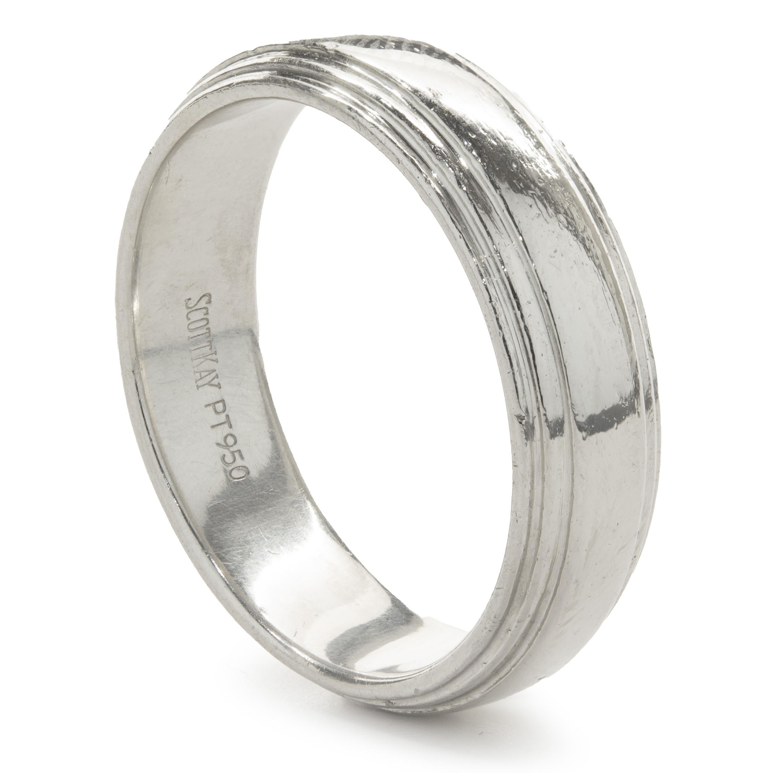 Designer: Scott Kay
Material: platinum 
Dimensions: ring measures 6mm wide
Size: 9.25
Weight: 12.68 grams