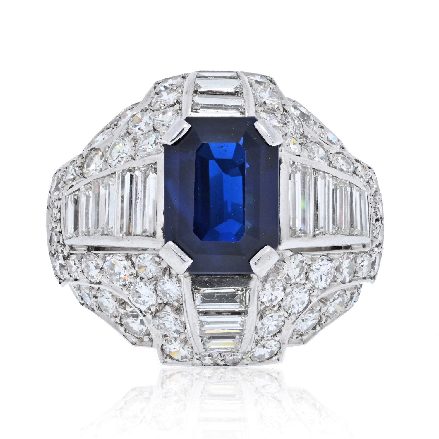 Round Cut Platinum 7 Carat Emerald Cut Sapphire Diamond Ring For Sale