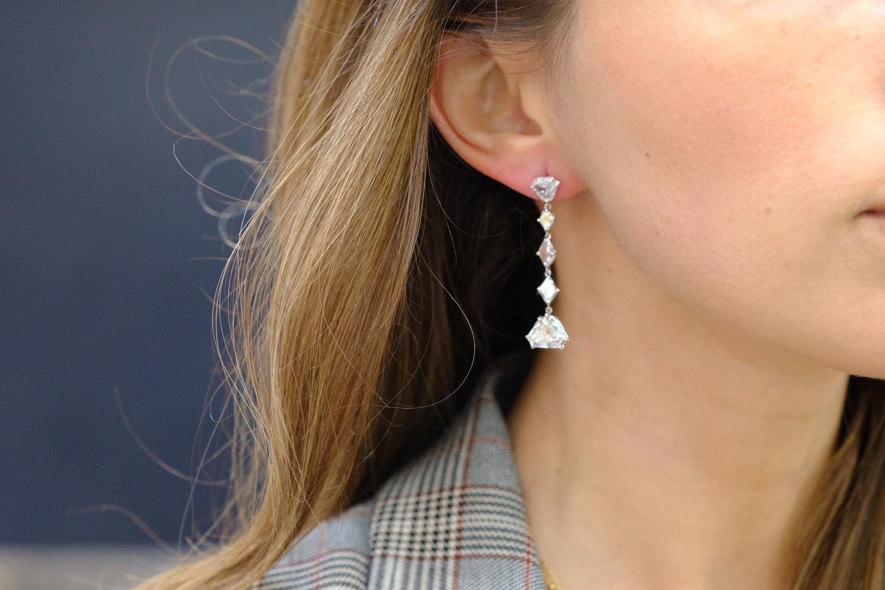 Kite Cut Platinum 7 Carat Fine Stone Dangling Diamond Earrings For Sale