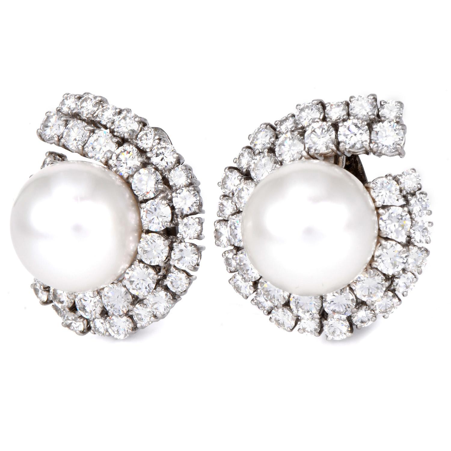 Donna Orecchini a clip in platino con perle e diamanti da 7,00 carati in vendita