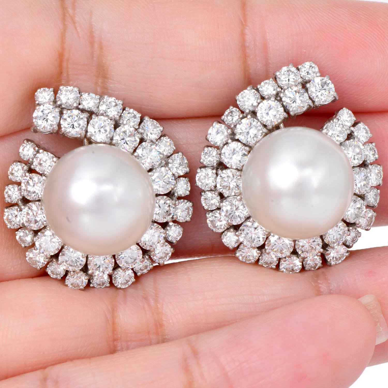 Orecchini a clip in platino con perle e diamanti da 7,00 carati in vendita 3