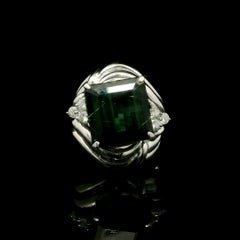 Platinum 7.06ct Square Vivid Step Cut Green Tourmaline Diamond Flared Heavy Ring