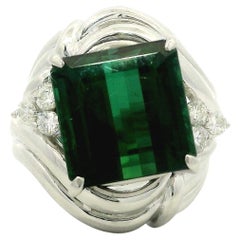 Platin 7,06ct Square Vivid Step Cut Grüner Turmalin Diamant Flared Heavy Ring