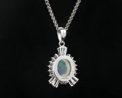 Platinum 7.10ctw Oval Colorful Jelly Opal Unique Diamond Border Pendant Necklace