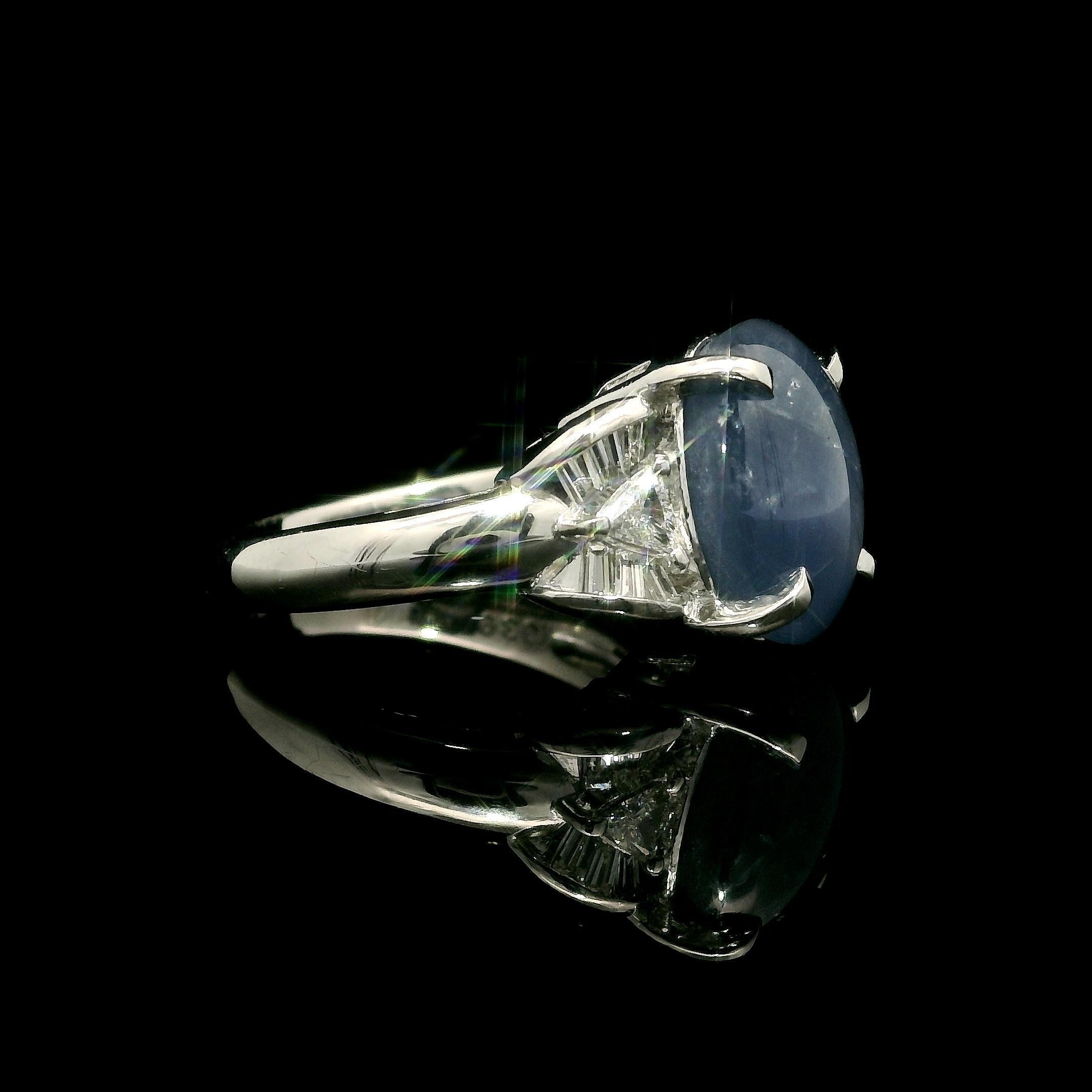 Anello in platino con zaffiro blu a stella cabochon e trilioni di diamanti a baguette da 7,16 carati in vendita 8