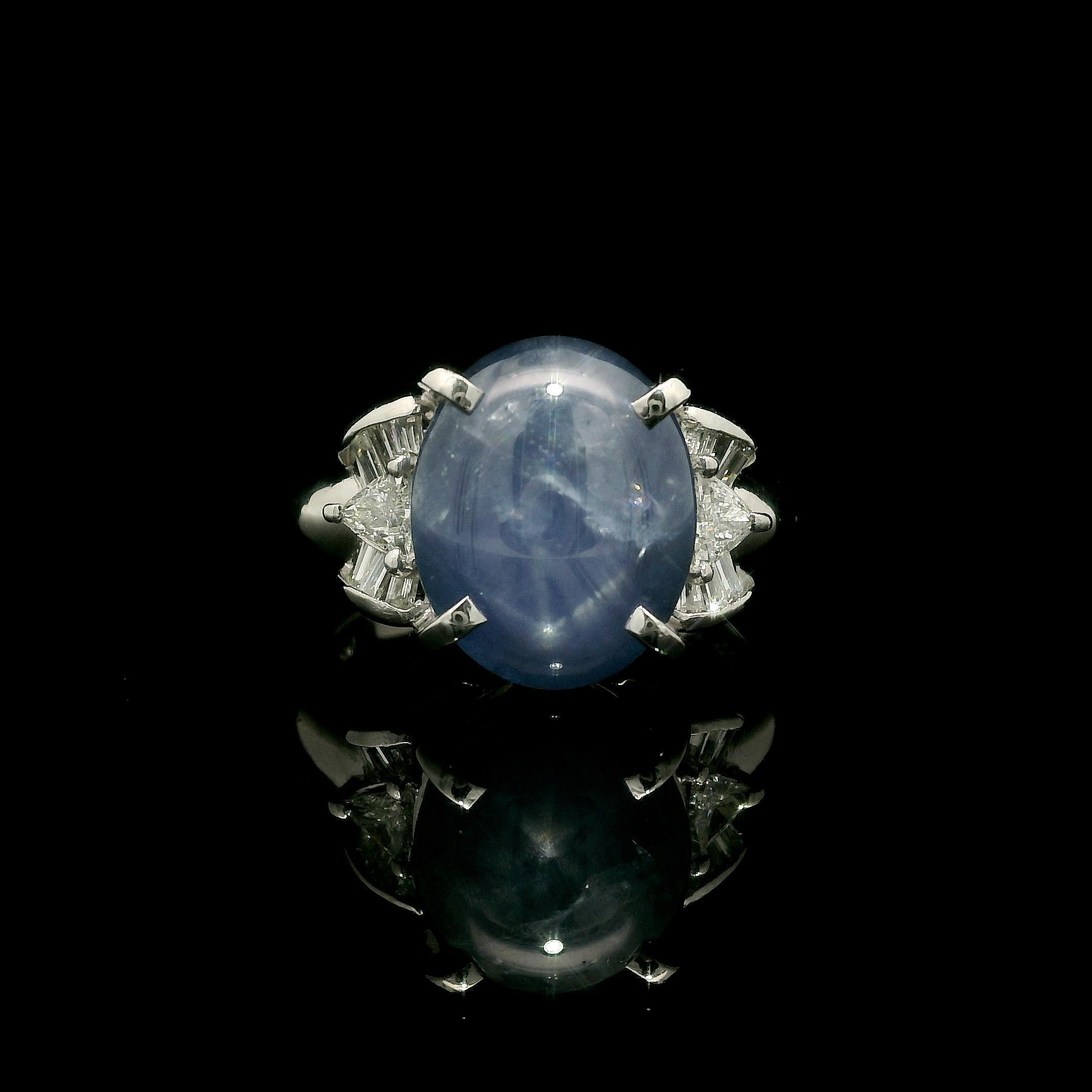 Anello in platino con zaffiro blu a stella cabochon e trilioni di diamanti a baguette da 7,16 carati in vendita 9