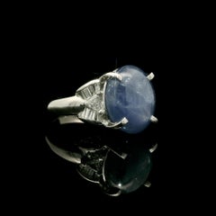 Platinum 7.16ctw Cabochon Blue Star Sapphire Trillion Baguette Diamonds Ring