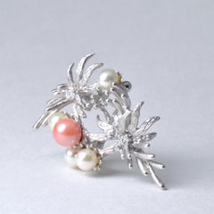 Platinum Pink Coral Core Pearl and White Akoya Pearl Brooch with Diamonds