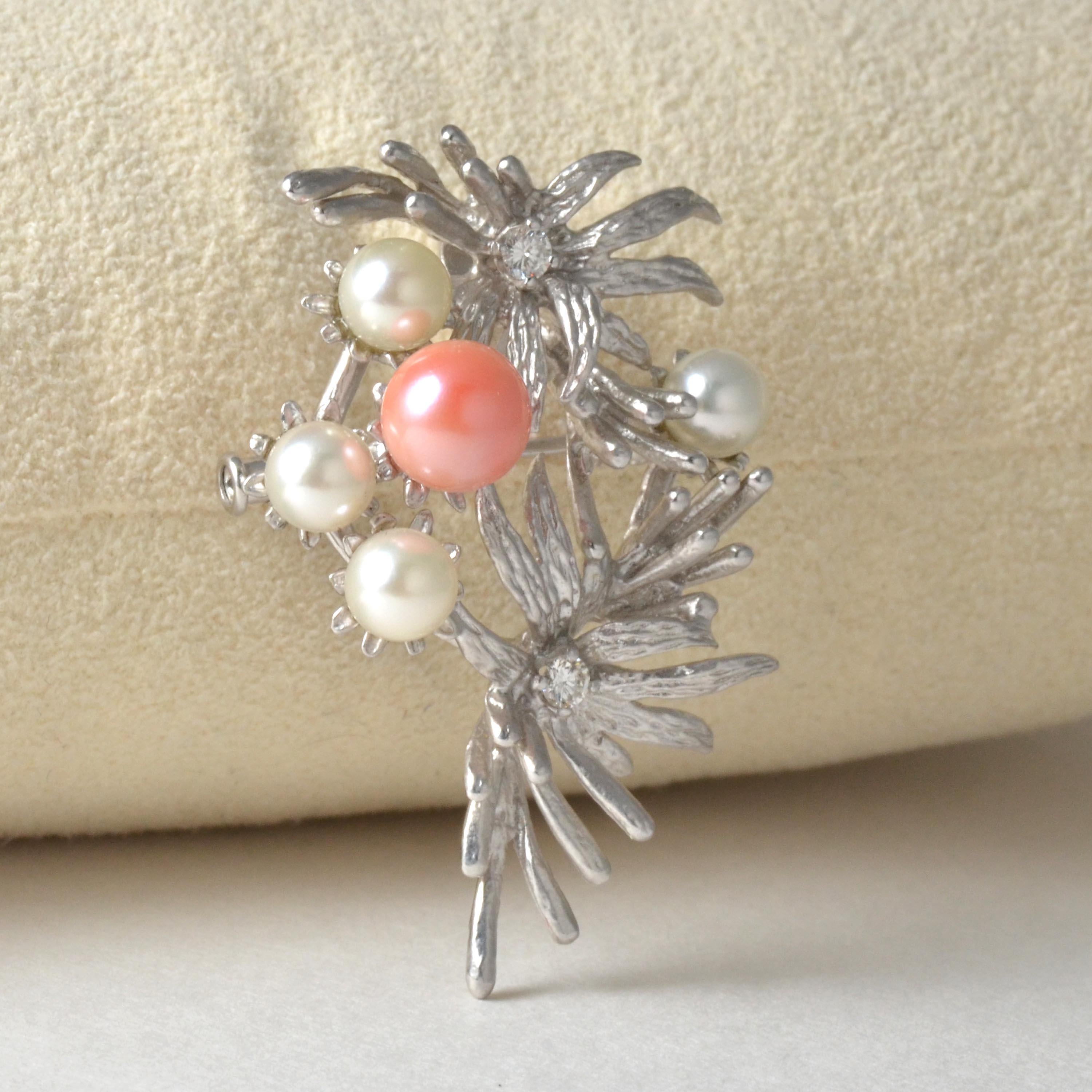 Bead Platinum Pink Coral Core Pearl and White Akoya Pearl Brooch with Diamonds For Sale