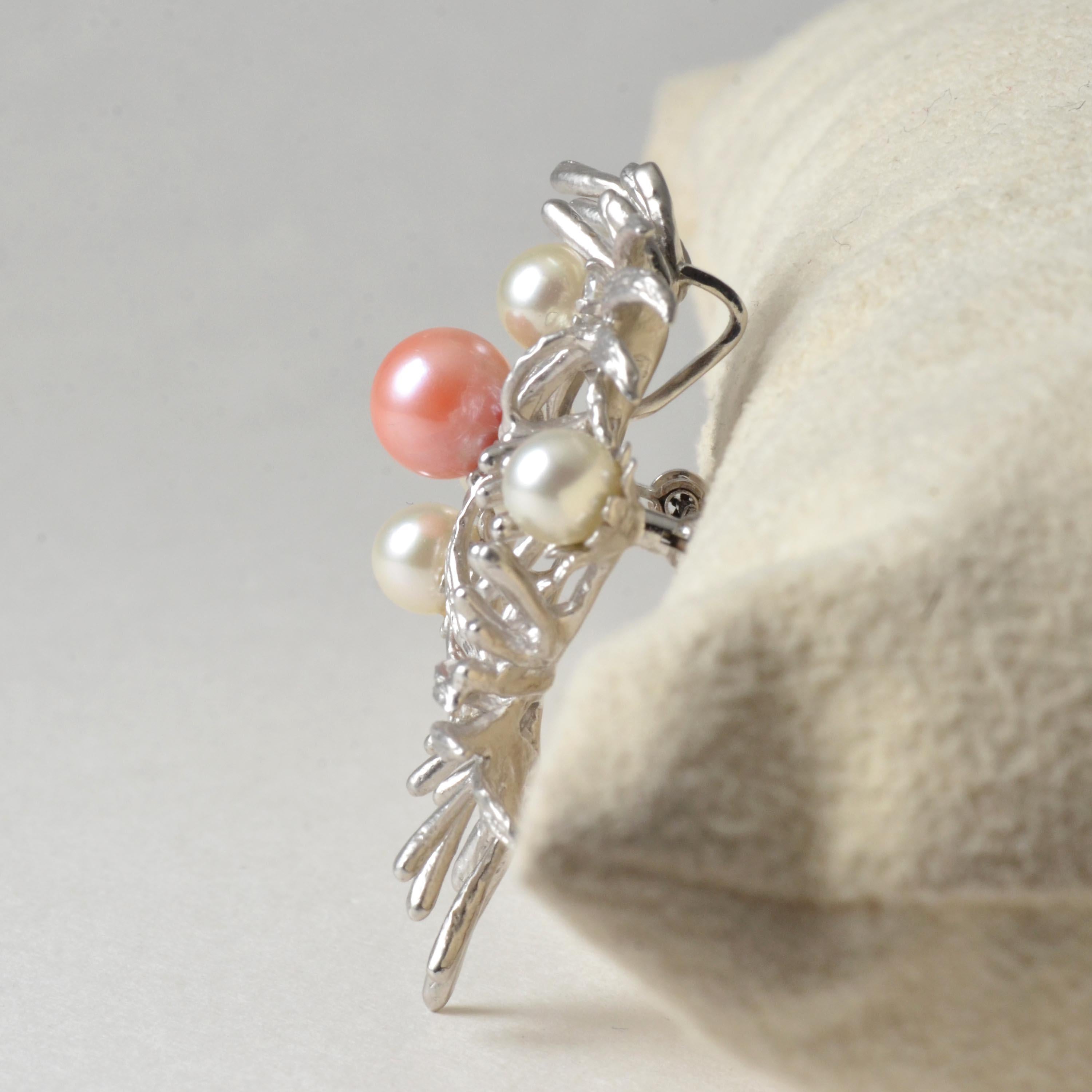 Women's or Men's Platinum Pink Coral Core Pearl and White Akoya Pearl Brooch with Diamonds For Sale