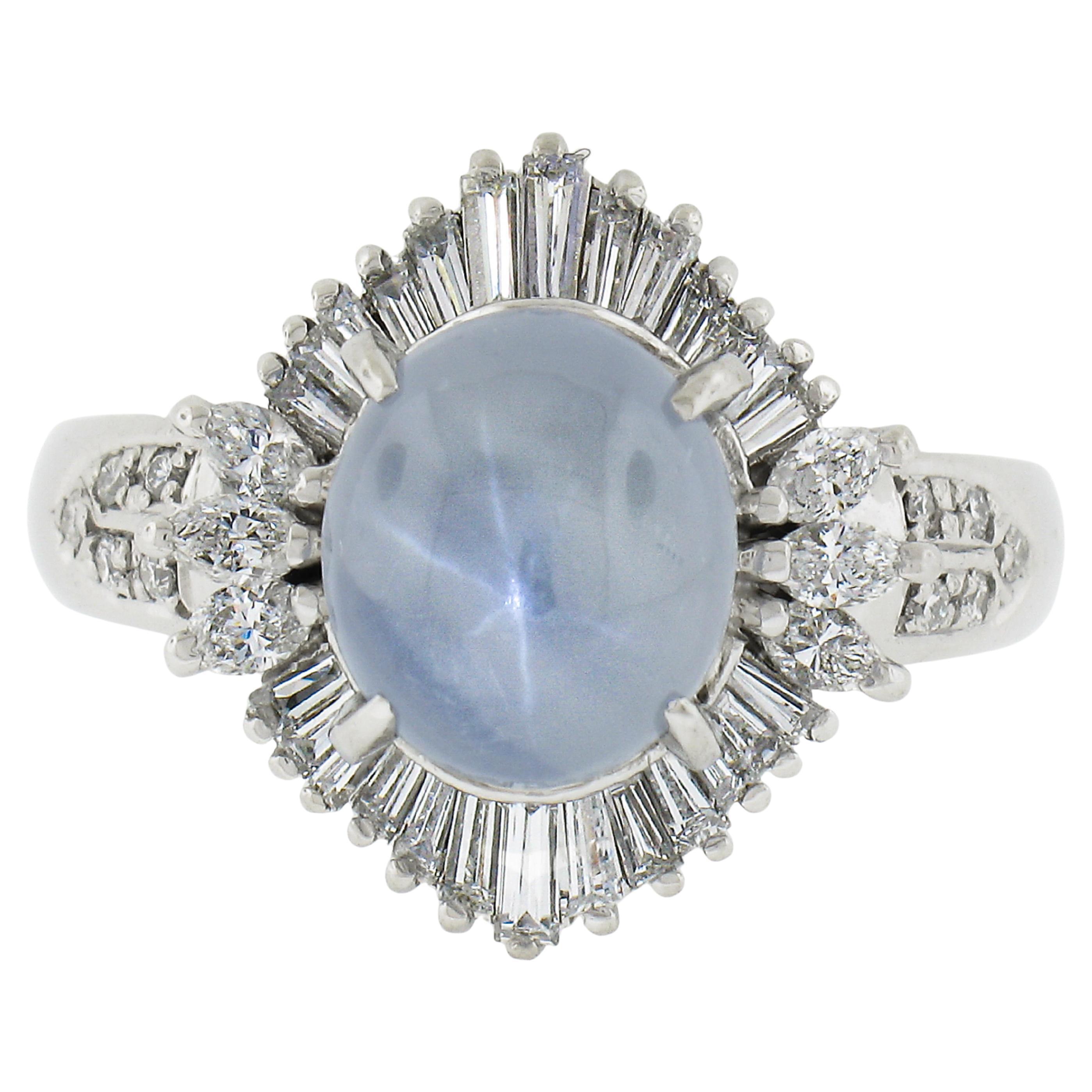 Platinum 7.3ctw GAL Graded Cabochon Star Sapphire w/ Diamond Ballerina Ring For Sale