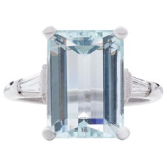 Retro Platinum 7.45 Carat VVS Emerald Cut Aquamarine with Diamond Baguette Accents