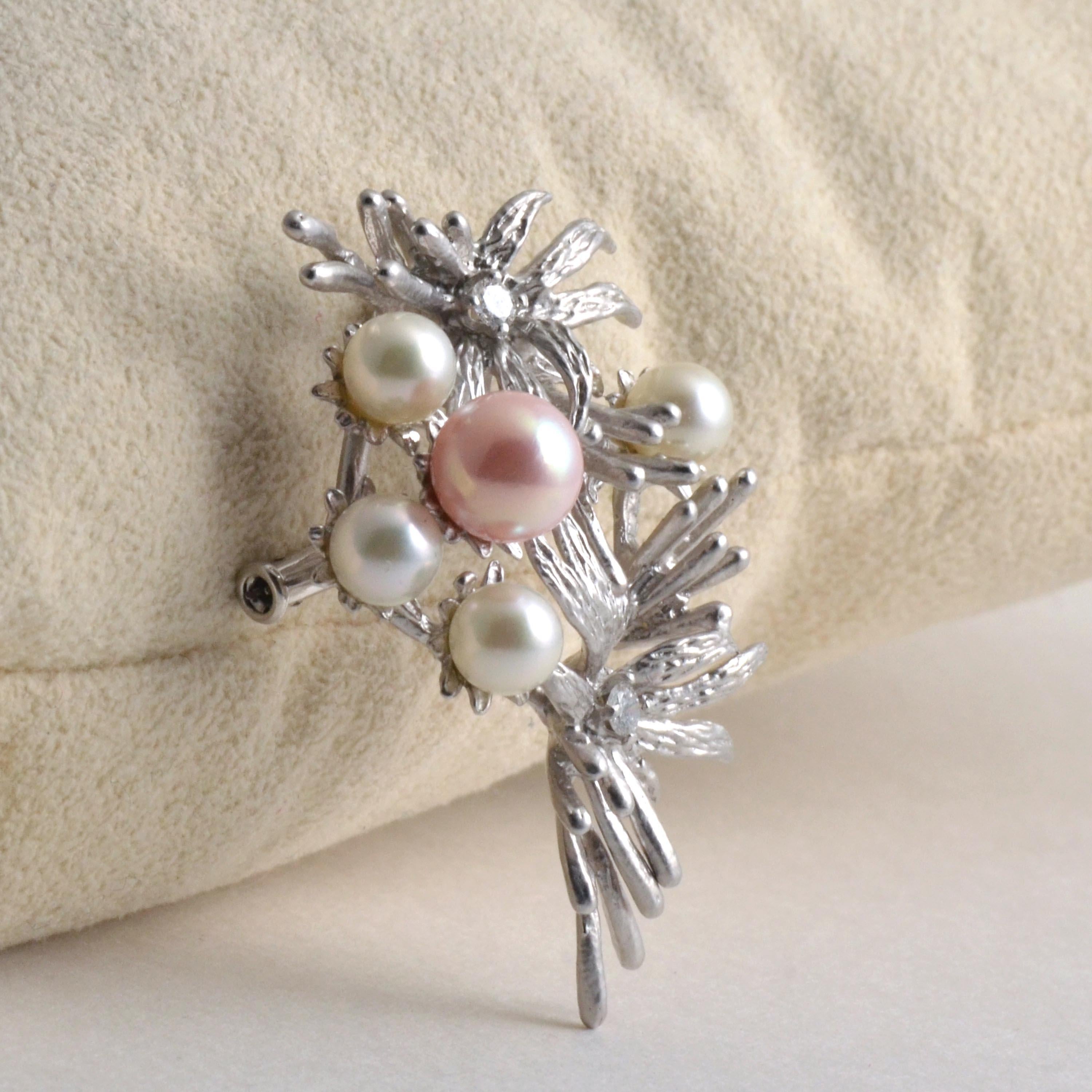 Bead Platinum Pink Coral Core Pearl and Akoya Pearl Brooch with Diamonds For Sale