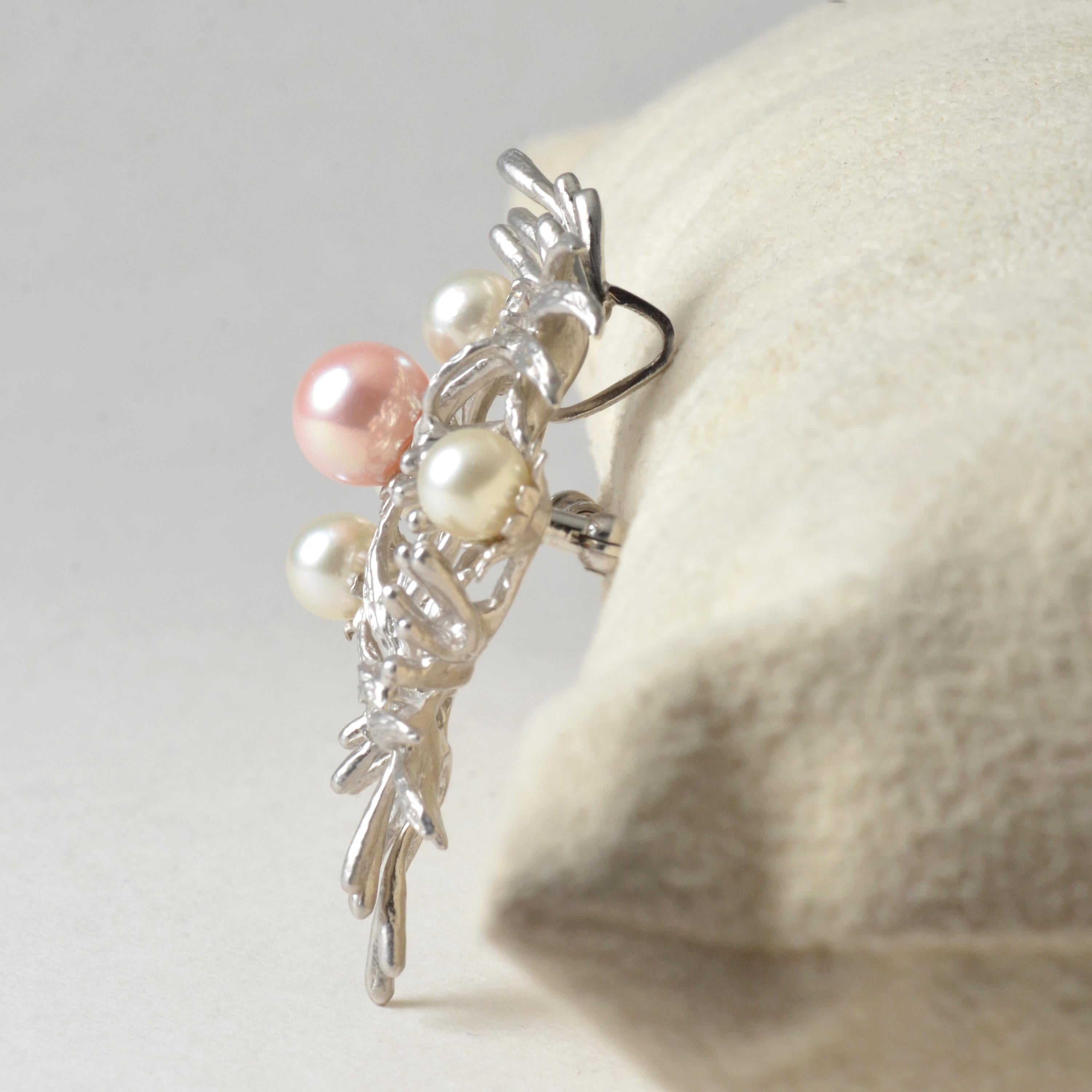 Women's or Men's Platinum Pink Coral Core Pearl and Akoya Pearl Brooch with Diamonds For Sale