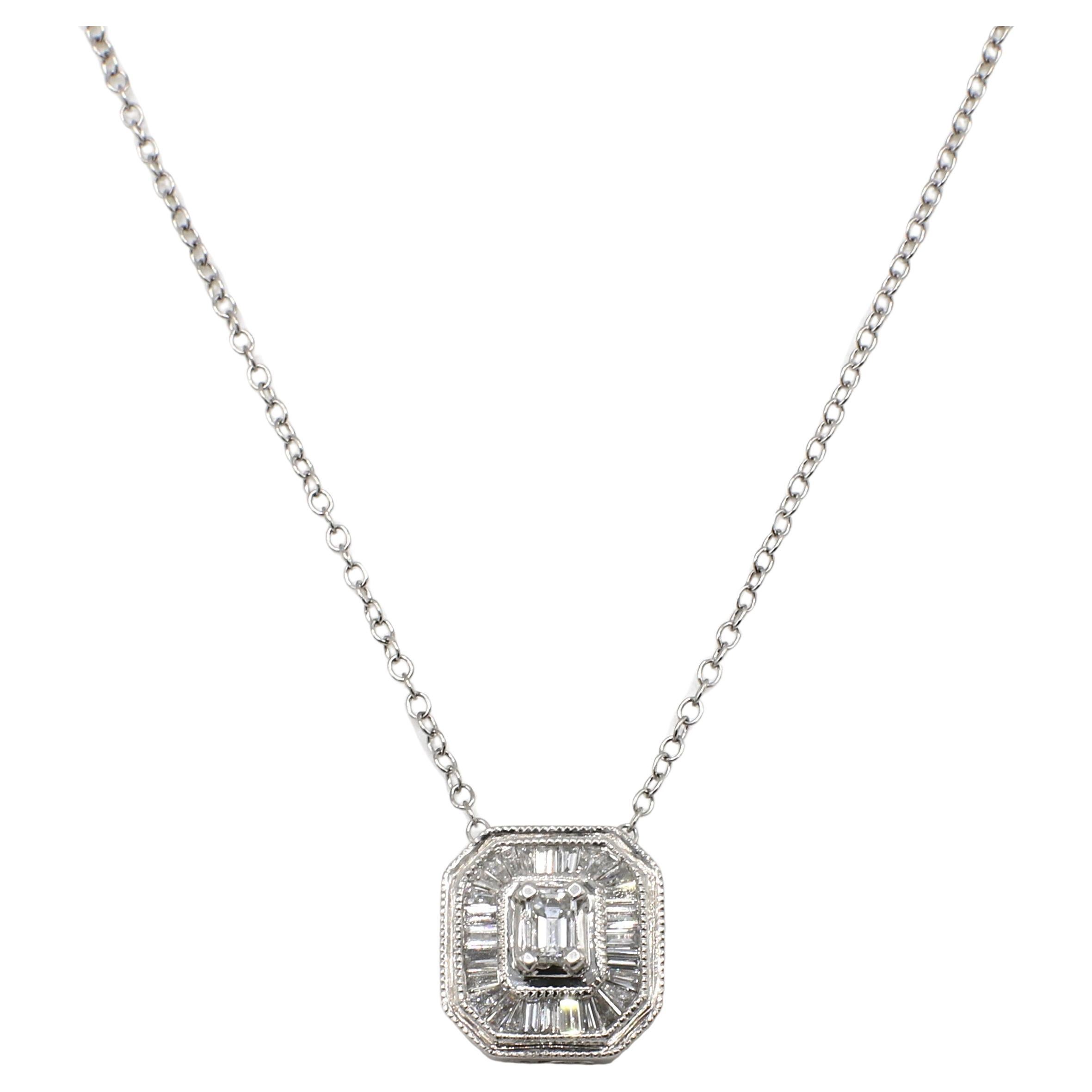 Platinum .75 Carat Diamond Baguette Cluster Pendant Drop Necklace