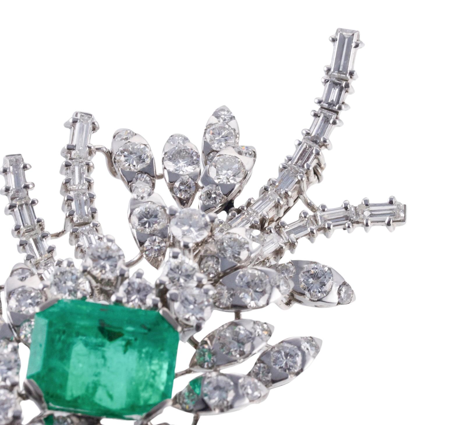 Emerald Cut Platinum 7.50 Carat Emerald Diamond Brooch Pin For Sale