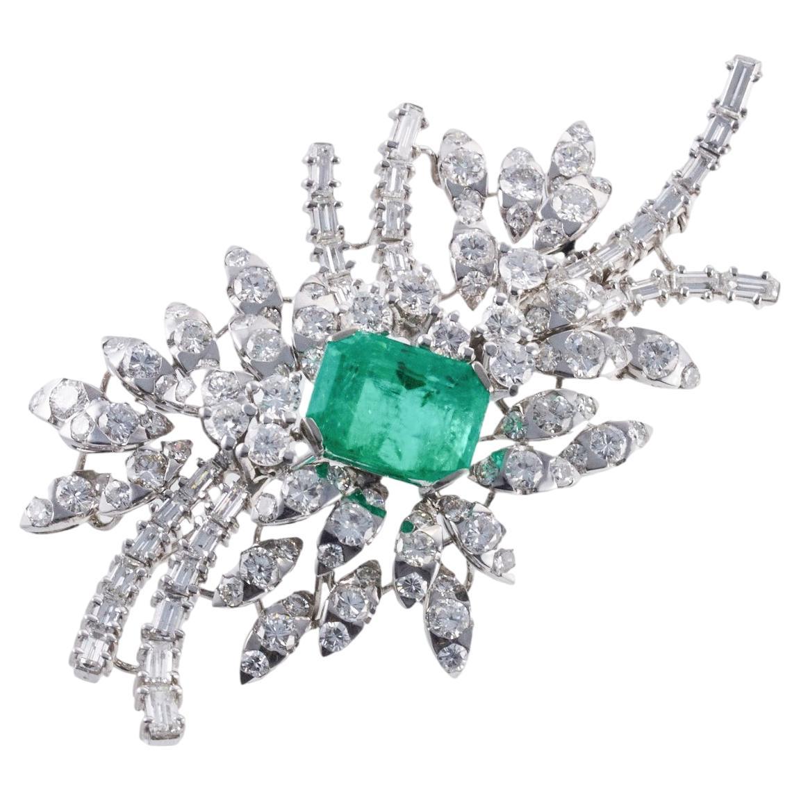 Platinum 7.50 Carat Emerald Diamond Brooch Pin For Sale