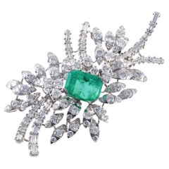 Platinum 7.50 Carat Emerald Diamond Brooch Pin