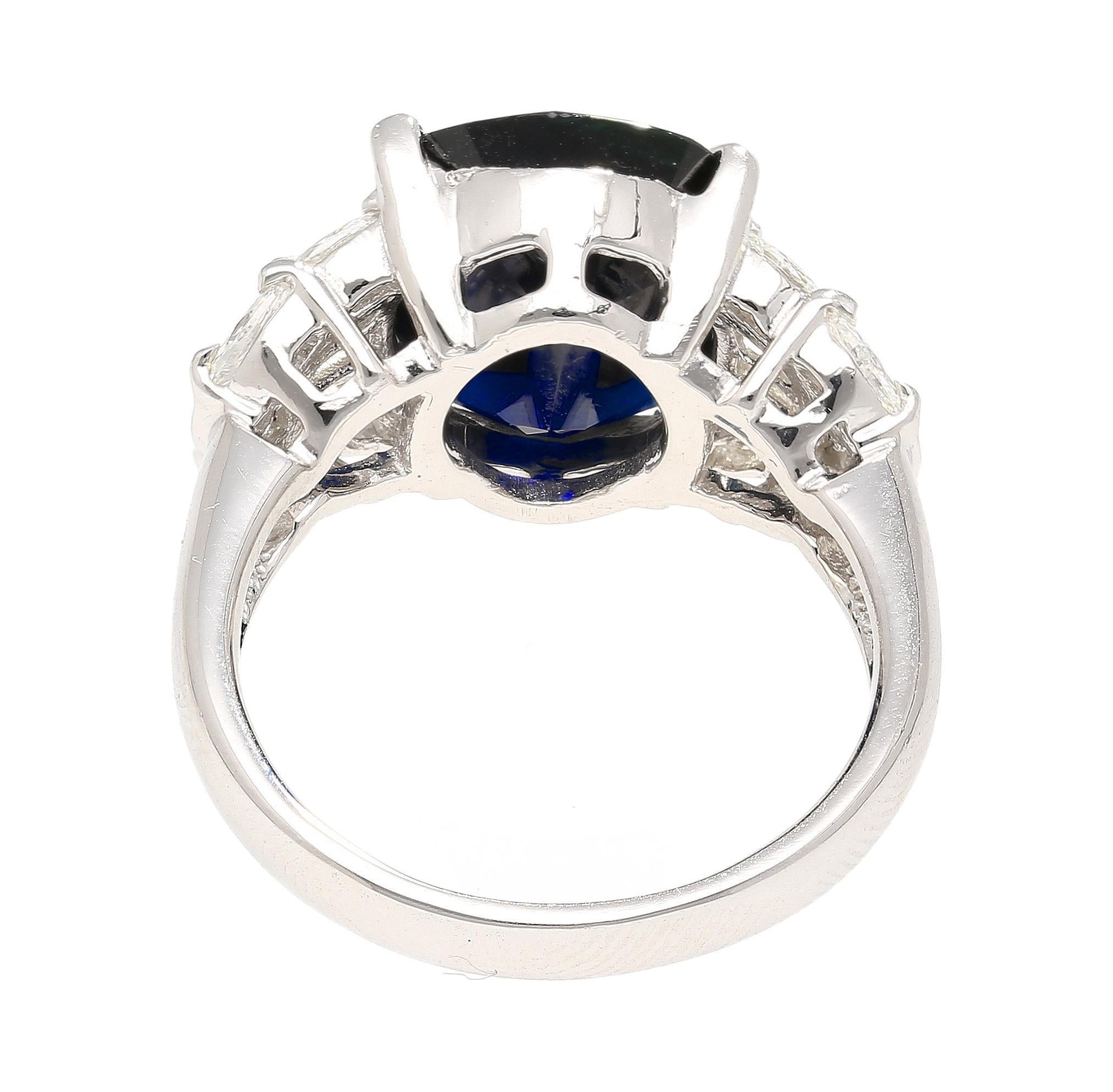 Art Deco Platinum 7.52 Carat Cushion Cut Blue Sapphire and Diamond Engagement Ring For Sale