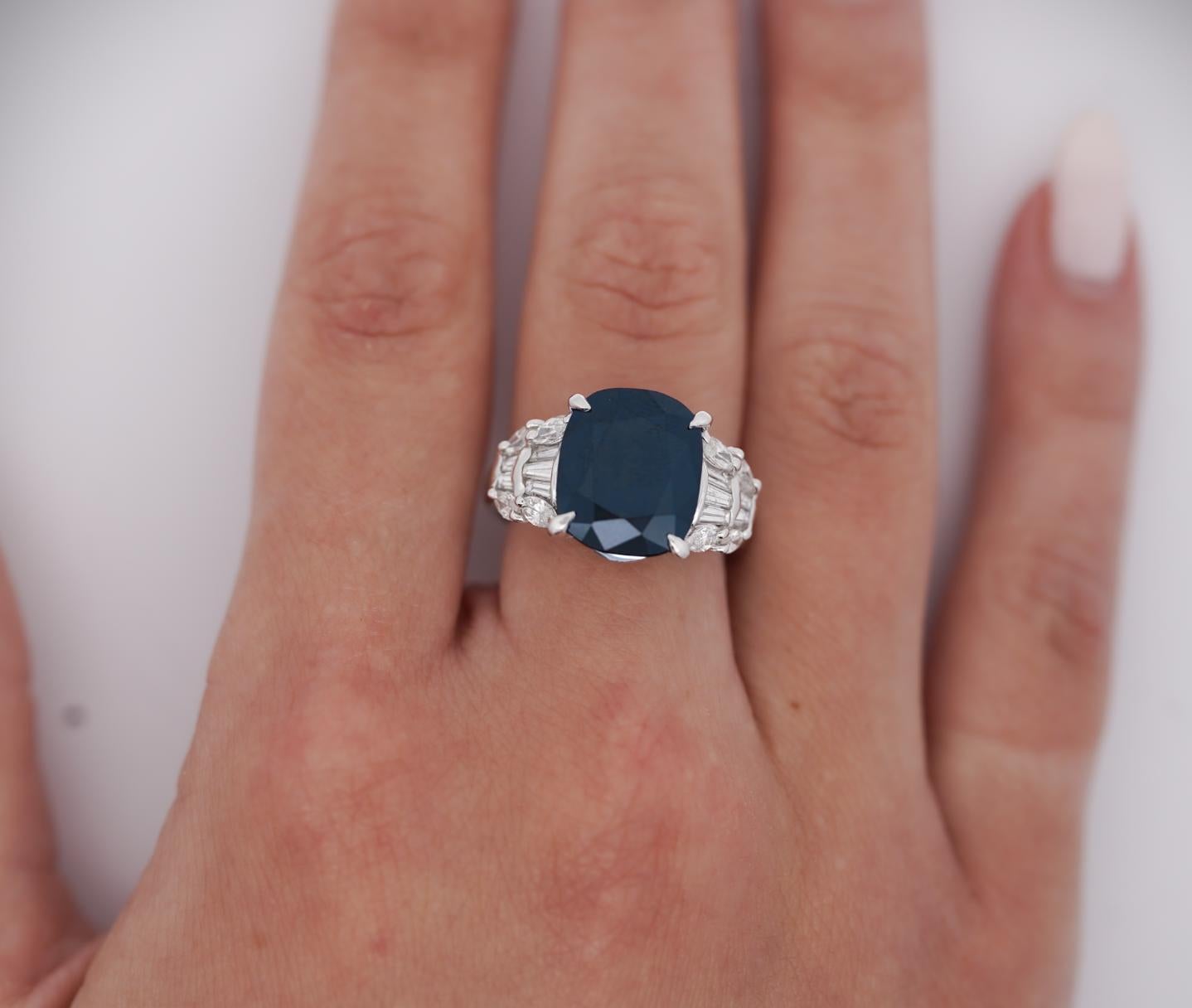 Platinum 7.52 Carat Cushion Cut Blue Sapphire and Diamond Engagement Ring In New Condition For Sale In Miami, FL