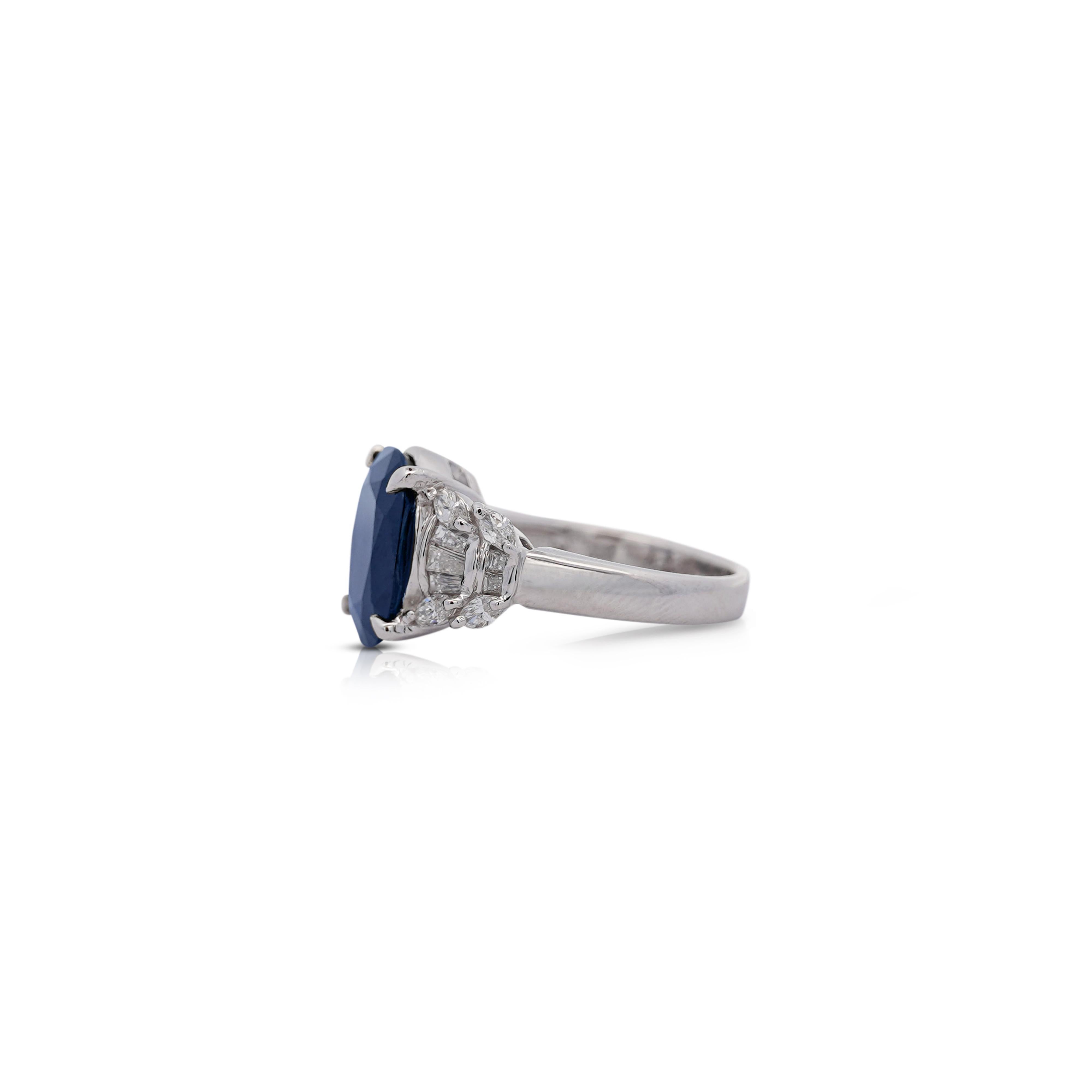 Women's Platinum 7.52 Carat Cushion Cut Blue Sapphire and Diamond Engagement Ring For Sale
