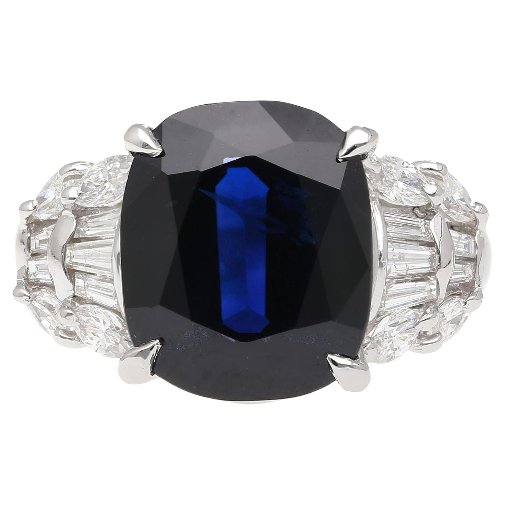 Platinum 7.52 Carat Cushion Cut Blue Sapphire and Diamond Engagement Ring