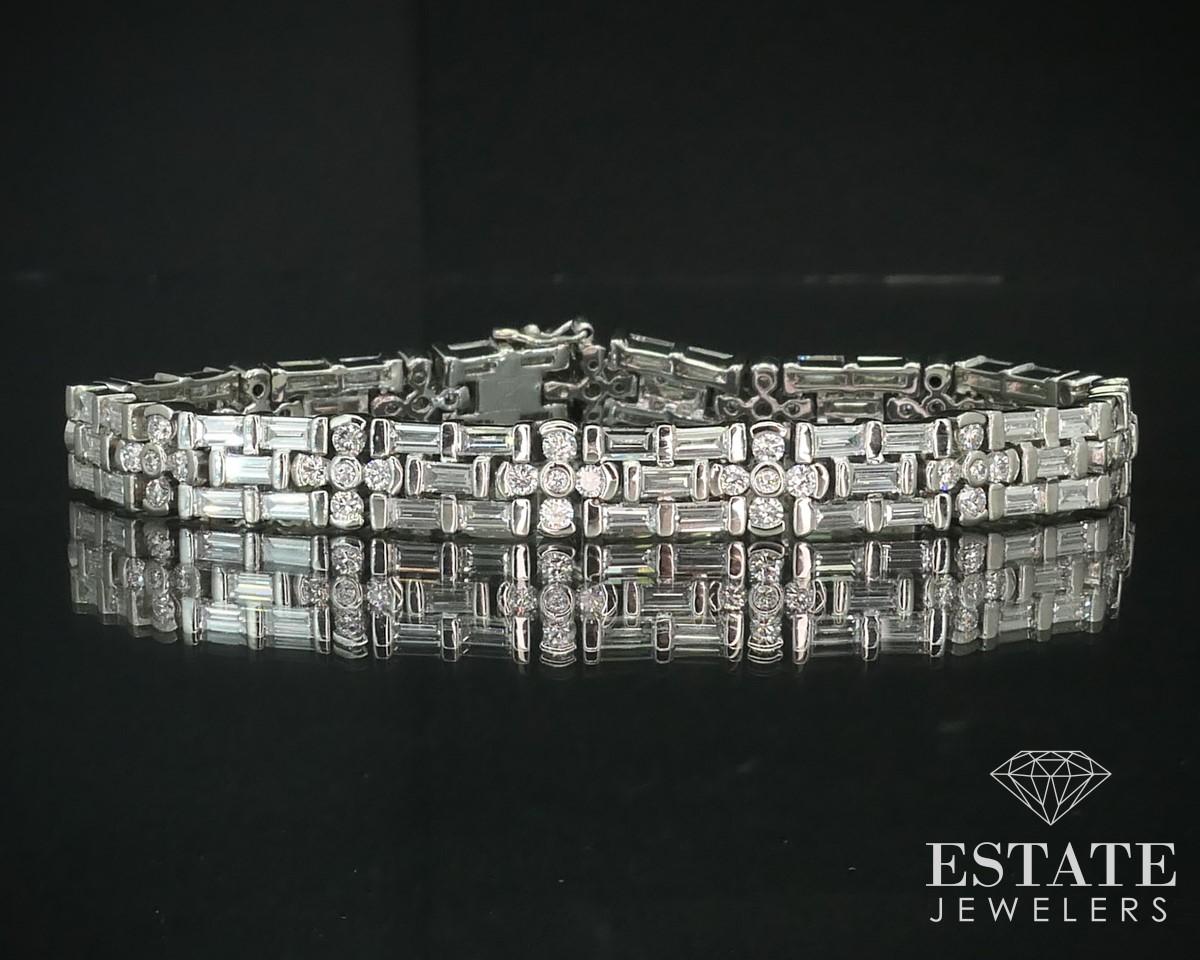 Timeless and elegant ladies three row tennis bracelet with approximately 7.58ctw of round and baguette cut diamonds channel set to capture their sparkling brilliance. Its rare to come across this quality in diamonds all that match in one tennis