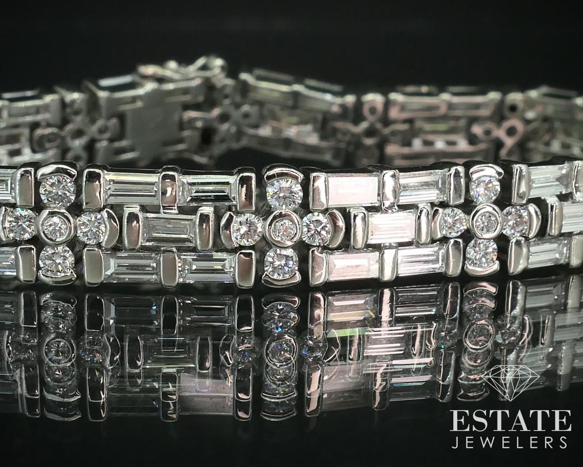 Baguette Cut Platinum 7.58ctw Natural Diamond Three Row Tennis Bracelet 53.3g i15134 For Sale