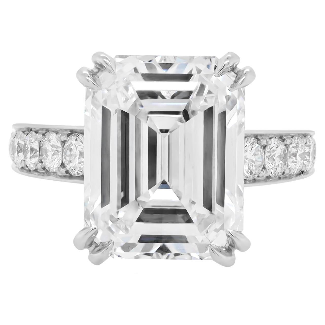 Diana M. Platinum 7.59 Carat Emerald Cut Engagement Ring For Sale